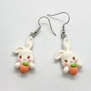 Kawaii Polymer Bunny Rabbit and Carrot Dangle Earring Pair